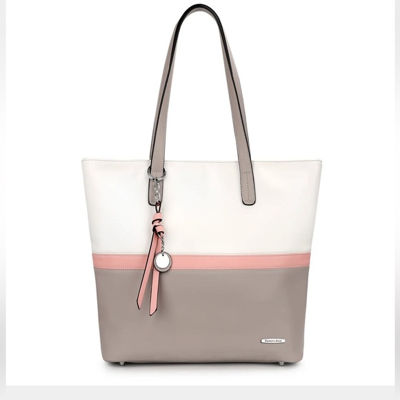 Brand New Pomelo's Best Faux Leather Tote - P9ink/White/Gray with Zippered Top - Picture 6 of 8